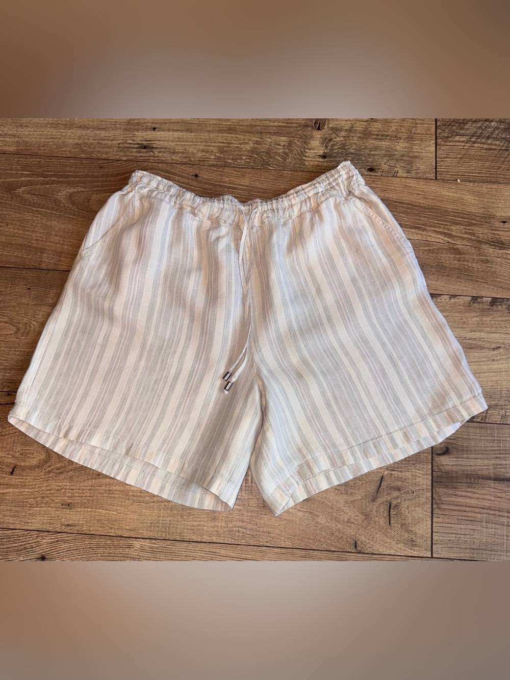 Anthropologie High-Waist cream,Rose,Sage Striped 100%Linen Shorts,Medium